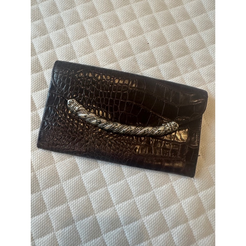 Brighton Dark Brown Croc Embossed Leather Wallet Silver Ornate Hardware